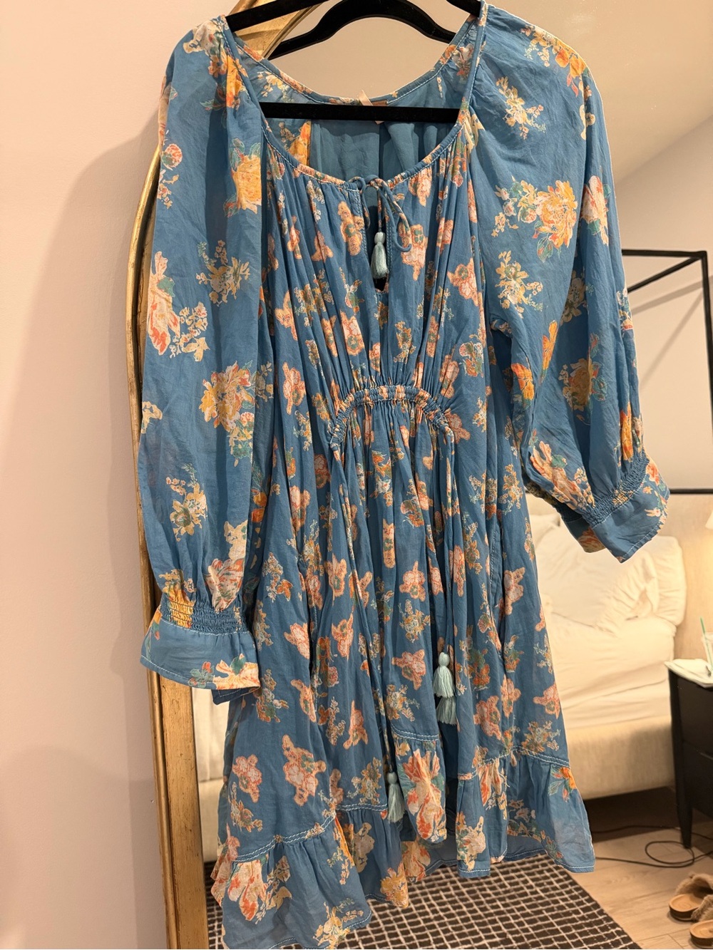 Free People Teal Floral Peasant Top